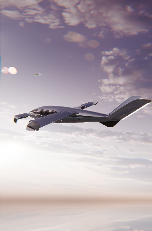 Sirius Jet in flight (artist's impression). Hydrogen powers generators that store energy in a batter system that powers the jet's rotating wing clusters of high-powered electric fans. This passenger or cargo jet also has an emergency parachute system integrated into its fuselage. Image: Sirius Aviation AG.