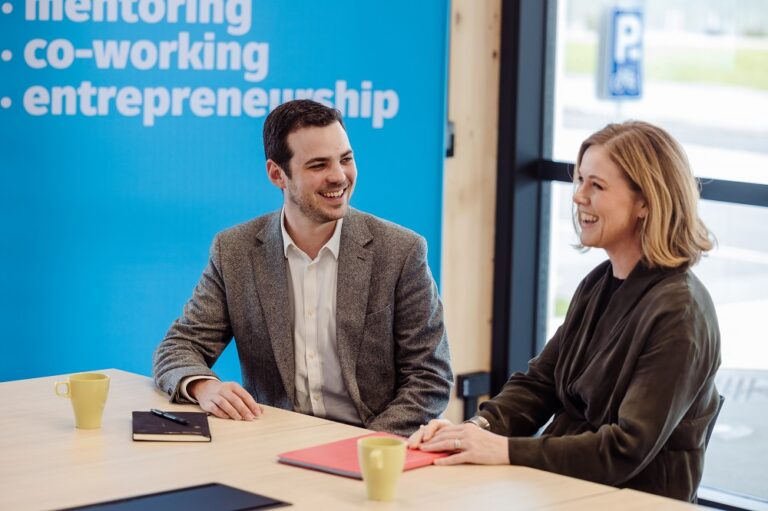 Newcastle Deputy Lord Mayor Declan Clausen and leadership coach Kate Brettell at the Landing Pad shared working space. Image: City of Newcastle.