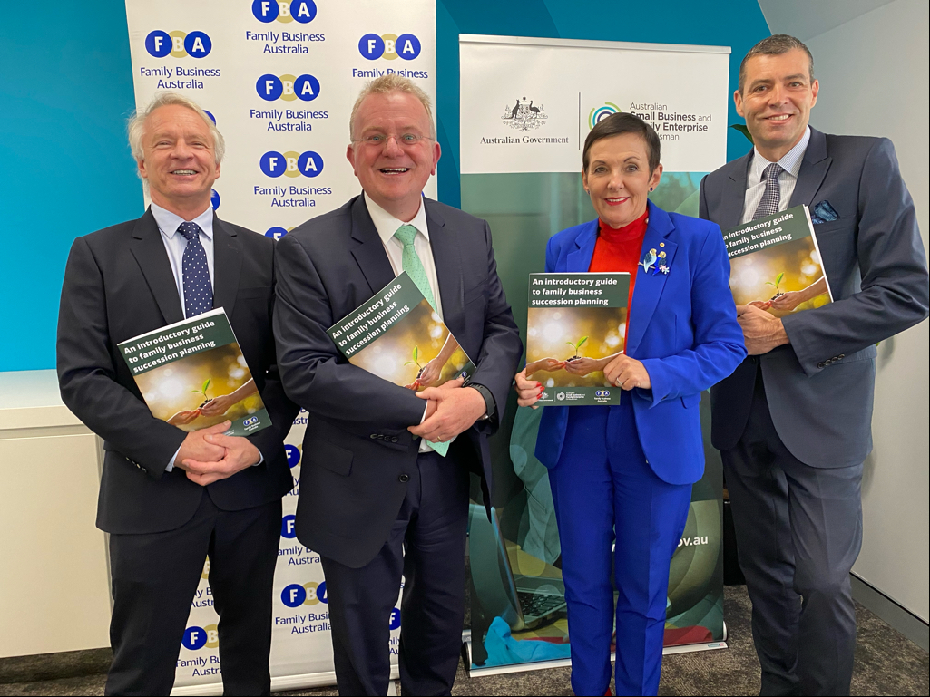 From left are FBA chairman Mark Kagan, incoming Australian Small Business and Family Enterprise Ombudsman Bruce Billson, current Ombudsman Kate Carnell, and FBA CEO Greg Griffith.