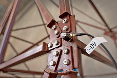 A sensor attached to the bridge test model.