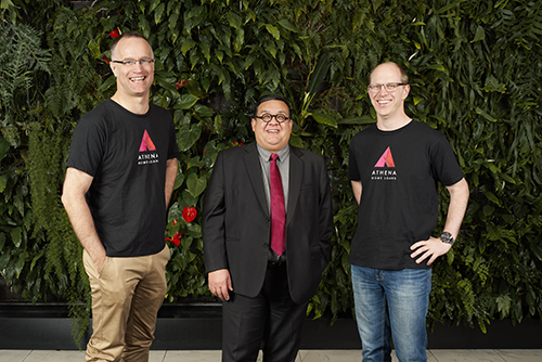 Athena Home Loans founders Nathan Walsh and Michael Starkey with industry superannuation fund Hostplus's chief investment officer, Sam Sicilia (centre).