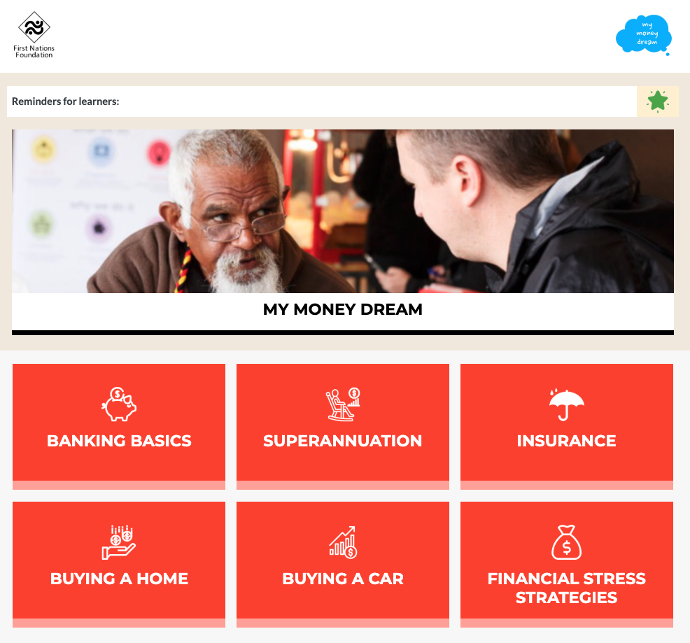 The My Money Dream Indigenous financial literacy website's learner elective modules.