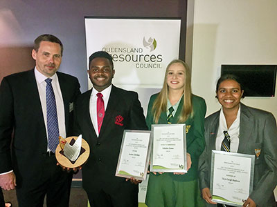 Grom left: QRC president and BMA asset president Rag Udd; Exceptional Indigenous QMEA Student winners Jayden Uiduldam of Kirwin State High School; Felicitie Gower of Pioneer State High School; and Shye-Leigh Rankine of Cloncurry State High School.