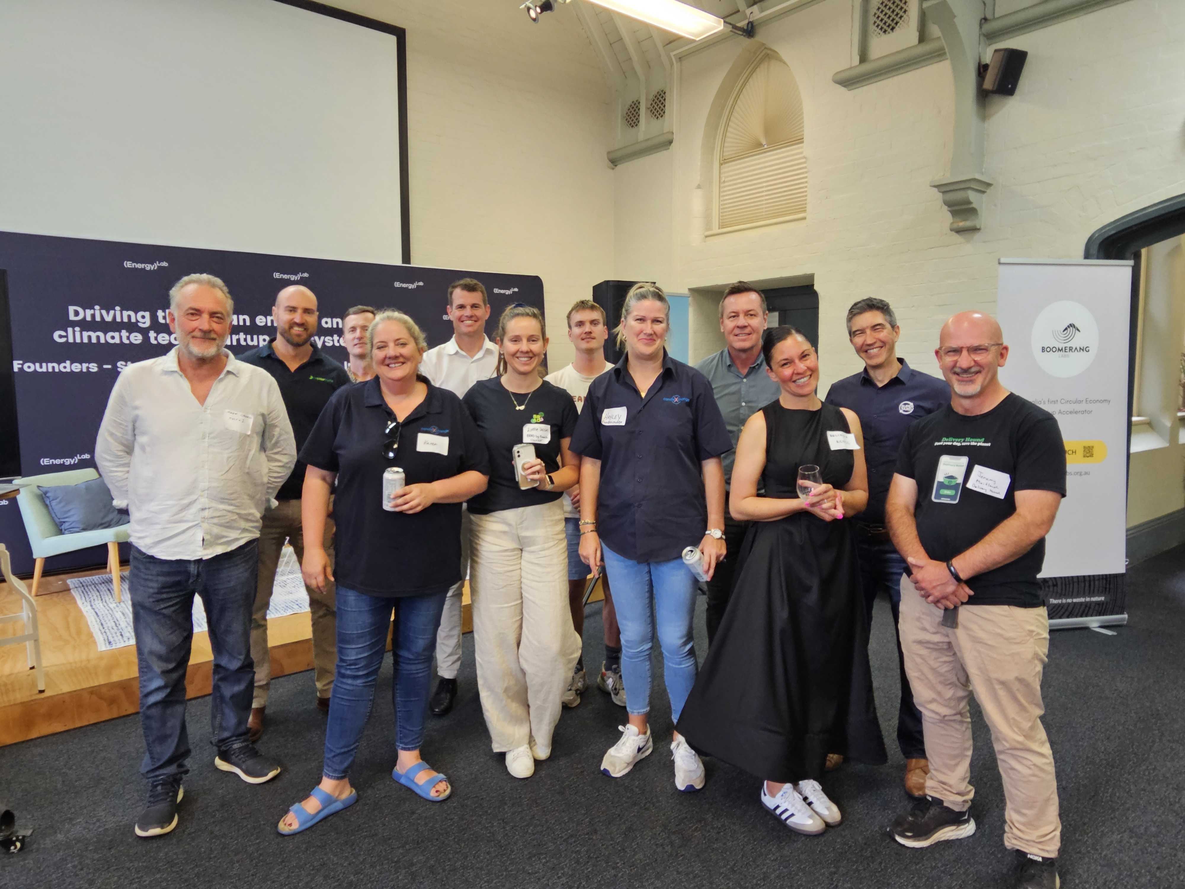 Pictured front row from left are Mark Goodall (nviro1), Karen Platt (CandleXchange), Lottie Dalziel (BRAD by Banish), Hayley Clarke (CandleXchange), Belinda Paul (RCYCL), and Jeremy Maitland (Delivery Hound). Back row from left are Joseph Moloney (Resolarcycle), Martin Collings (Charopy), Tim Lee (Utilitarian), Tom Fields (Bearhug Pallet Wraps), George Reinke (Reynard Wood) and Ritchie Djamhur (Superyard). Other Accelerator members not in the picture are Max Higgins (Bearhug Pallet Wraps), Mary Walker and Allie Bentley (Devolver Pty Ltd), Steffan Jost (Resolarcycle) and Cleveland McGhie (Yaali Collective). Image supplied by Boomerang Labs.