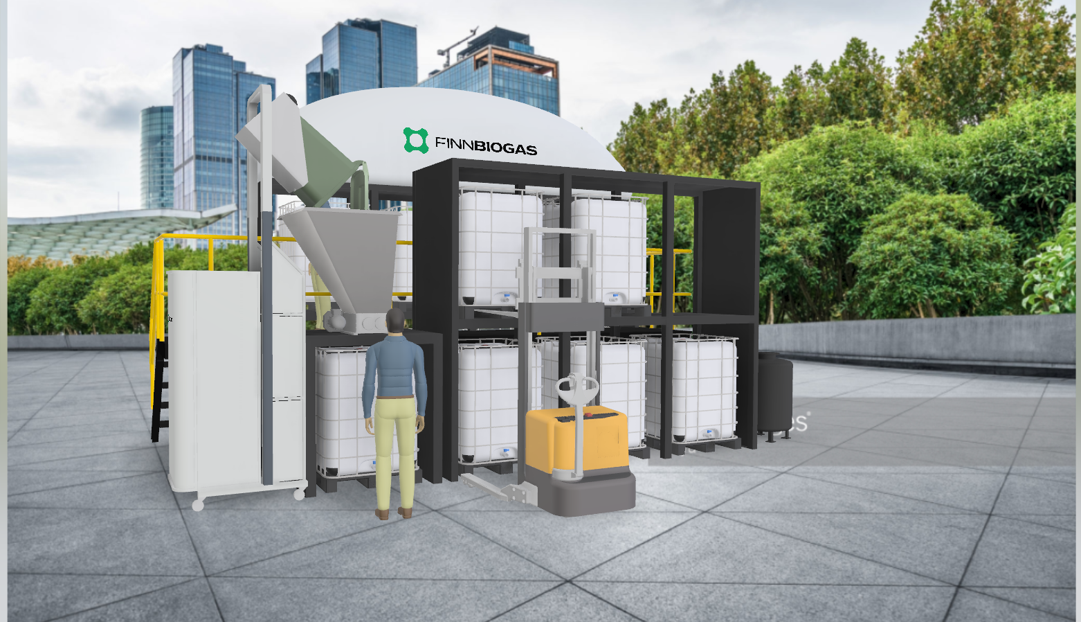 An artist's impression of the Finn Biogas Micro Modular Anaerobic Digester (MMAD) system. A workable bio-energy solution for urban, suburban and farm areas? Image: Finn Biogas.