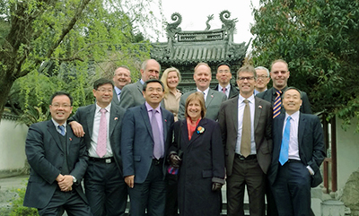 In Shanghai’s 450-year-old Yuyuan Garden, dating from the Ming Dynasty, from left are Dr Jian Yang (Senior Engineer, Baosteel Research Institute); Dr Pijun Zhang (President, Baosteel Research Institute); Professor Simon Bigg (UQ Executive Dean, Faculty of Engineering, Architecture and Information Technology), Professor Frieder Seible (Monash University Academic Vice-President- Industry Engagement, and Dean - Faculties of Engineering and Information Technology); Professor Max Lu, UQ Provost, Senior Vice-President and BAJC chair, Ms Suzanne Gremaux; Professor Judy Raper (University of Wollongong’s Deputy Vice-Chancellor Research and Innovation); Professor Anton Middelberg (UQ Pro-Vice-Chancellor -Research and International; Dr Haomin Jiang – Assistant President Baosteel Research Institute; Professor Peter Høj, (UQ President and Vice-Chancellor); Dr Graham Chen (consultant to UQ) , Dr Warwick Dawson, (University of New South Wales - Director, Research Partnerships) and Professor Geoff Wang, BAJC Board Secretary and deputy director, UQ School of Chemical Engineering.