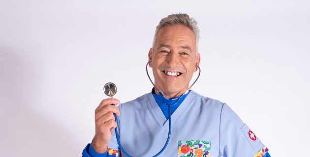 Kangarama's Wiggles-styled medical scrubs are a big hit with hospital staff users, and children in the wards.. Amazingly, they are made our of recycled PET bottles, turned into anti-viral polyester yarn. Image: Kangarama, whose brand is a combined form of 'kangaroo' and 'armour'.