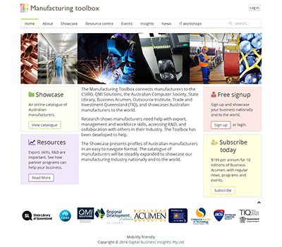The Manufacturing toolbox home page leads to layers and layers of business development resources and product export showcase information.