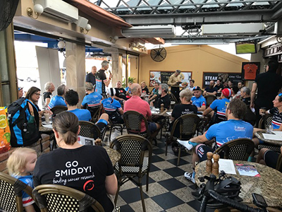 The Smiling for Smiddy 10-year commemorative ride ended at La Dolce Vita Caffe at Milton, Brisbane, where a new round of fundraising for cancer research was launched.
