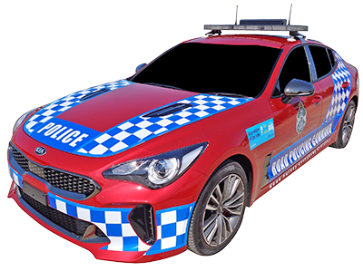 A Queensland Police KIA Stinger equipped with Nautech's VEHiQA integrated vehicle intelligence system.