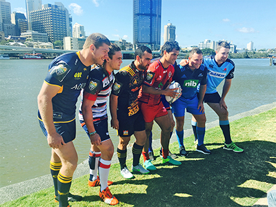 At the Brisbane Global Tens launch at Brisbane's South Bank Parklands are (from left), Blake Enever (Brumbies), Jordy Reid (Rebels), Charlie Ngata (Chiefs), Karmichael Hunt (Reds), Daniel Heenen (Panasonic Wild Knights) behind Hunt, then James Parsons (Blues) and Jed Holloway (Waratahs).